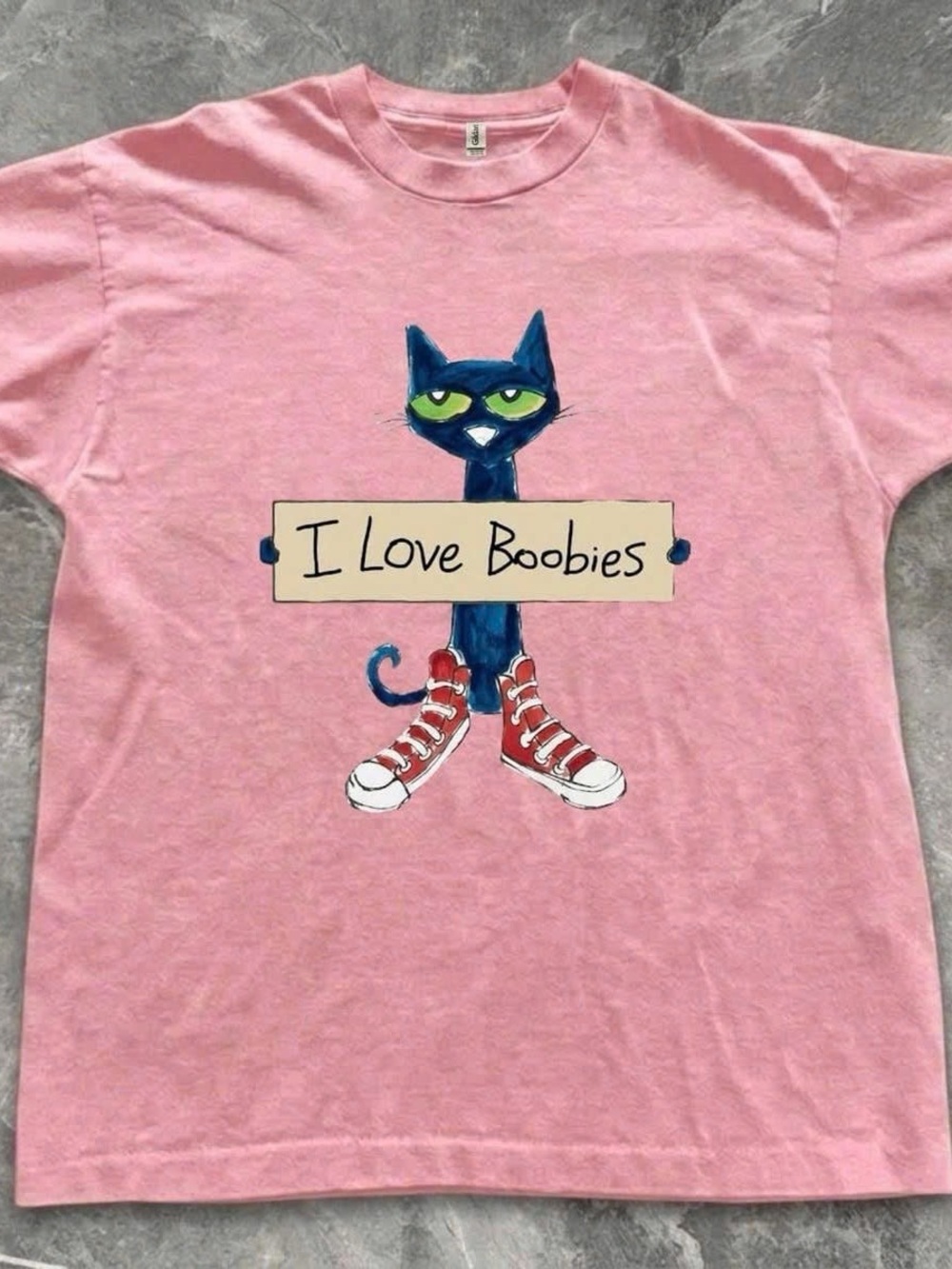 Gildan Pink Short Sleeve Tee with Blue Cat Graphic and Red Shoes